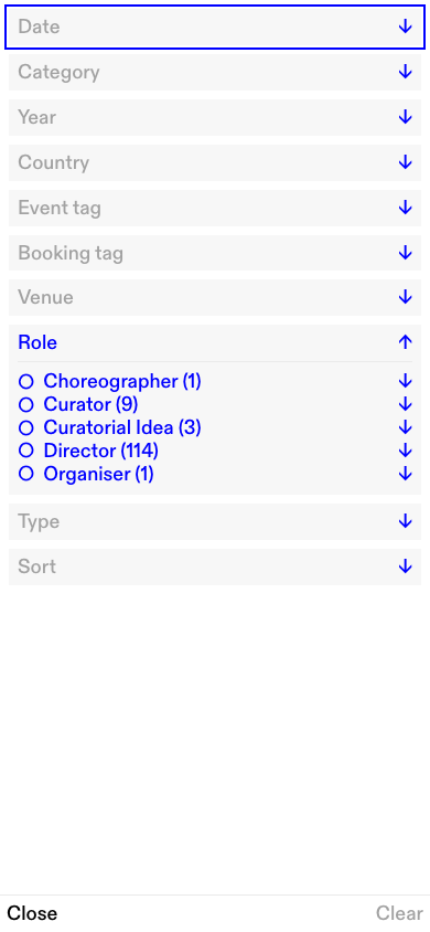 The mobile filter modal with the Role section expanded, showing densely stacked option rows.