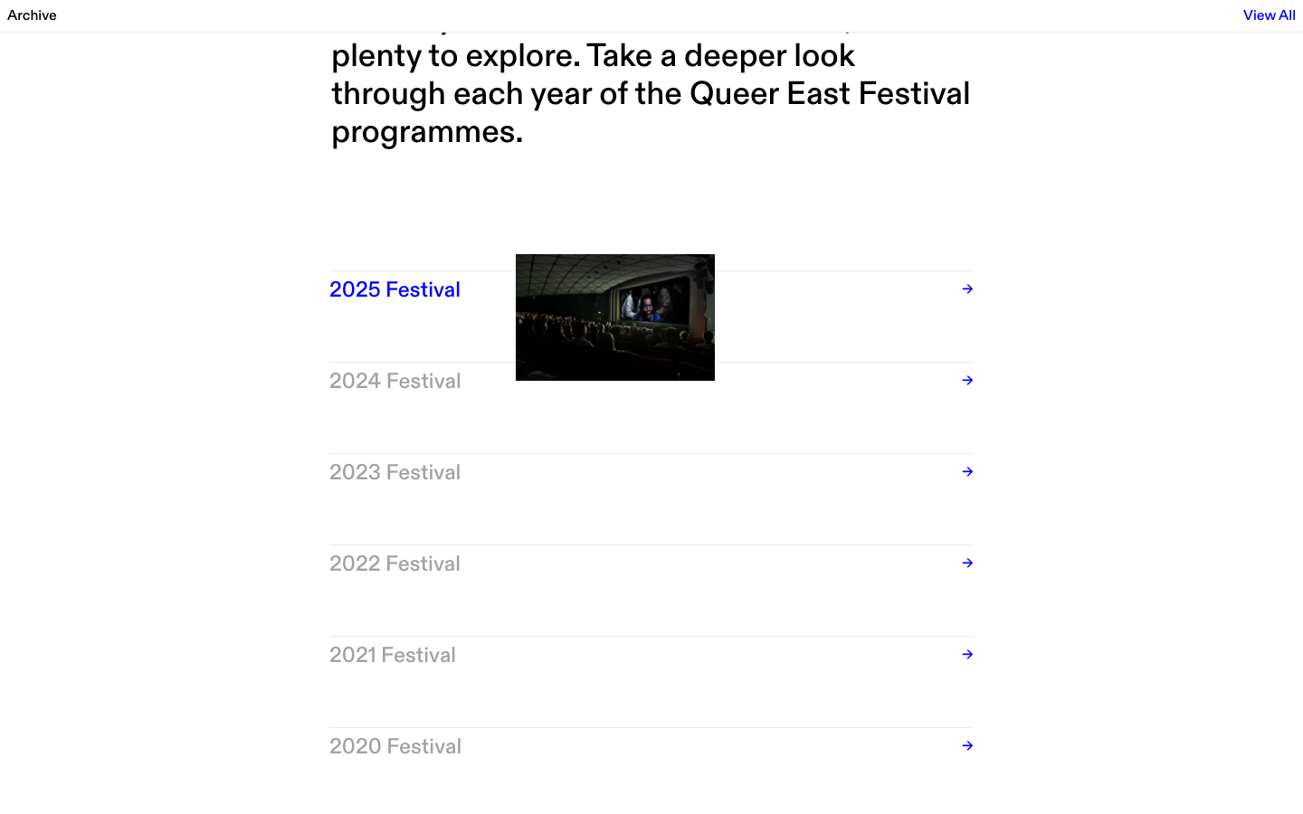 A homepage archive row with a large thumbnail panel floating over the list, following the cursor.