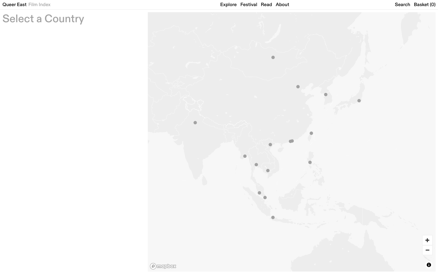 Film Index map at desktop width, with pale grey country markers on a near-white landmass.