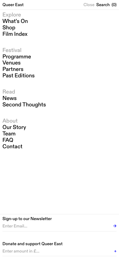 The mobile navigation drawer at 390 pixels wide, with tightly stacked links and no vertical separation.